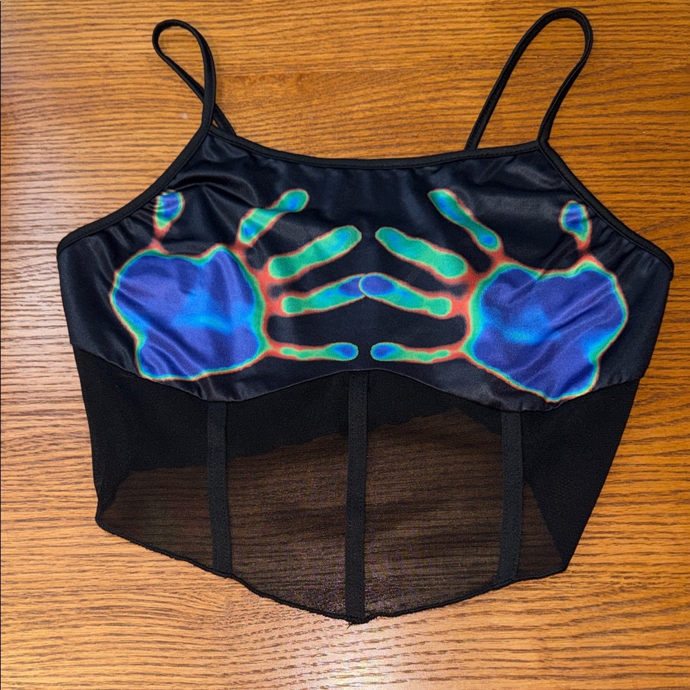 SHEIN Black Crop Top with Colorful Handprint Design